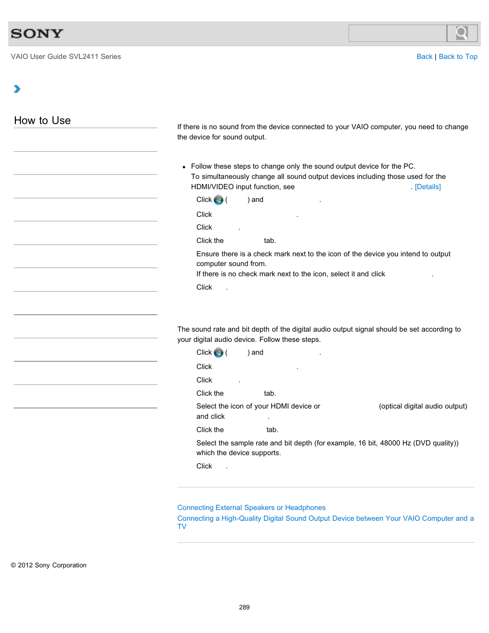 Changing the sound output device, Details, How to use | Sony SVL241190X User Manual | Page 289 / 522