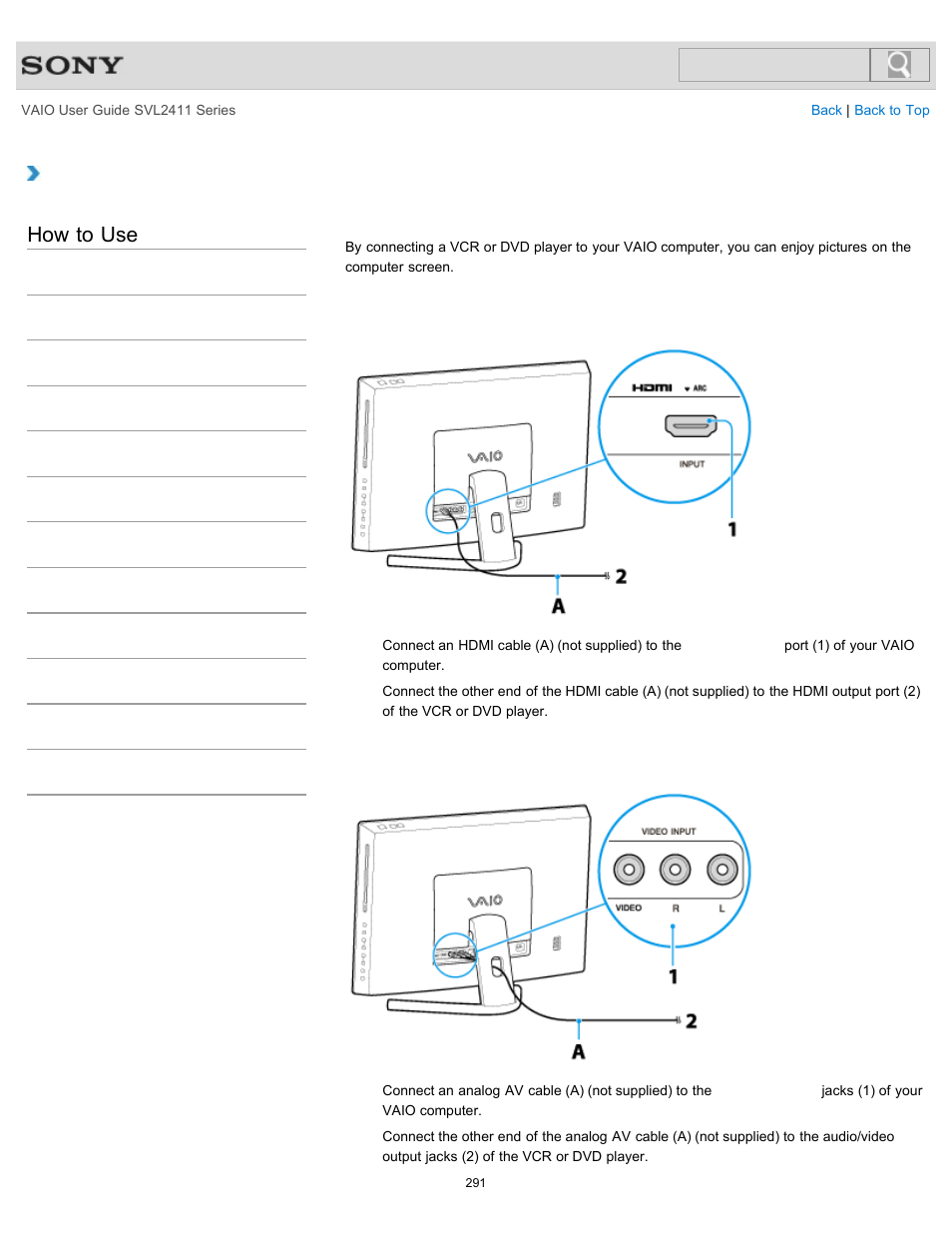 Connecting a vcr or dvd player, Details, How to use | Sony SVL241190X User Manual | Page 291 / 522