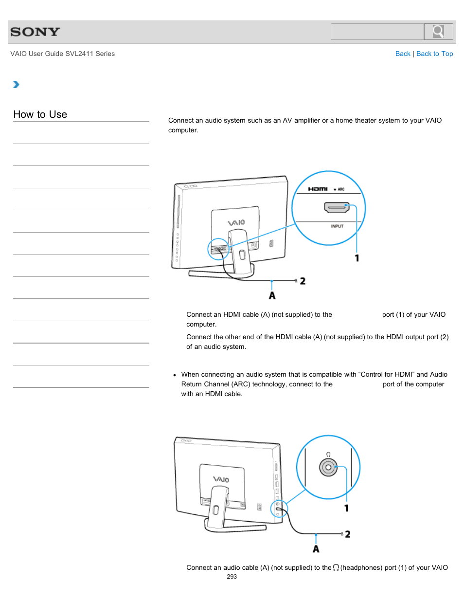 Connecting an audio system, How to use | Sony SVL241190X User Manual | Page 293 / 522