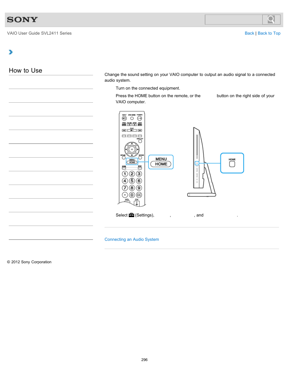 Enjoying sounds from connected audio system, How to use | Sony SVL241190X User Manual | Page 296 / 522