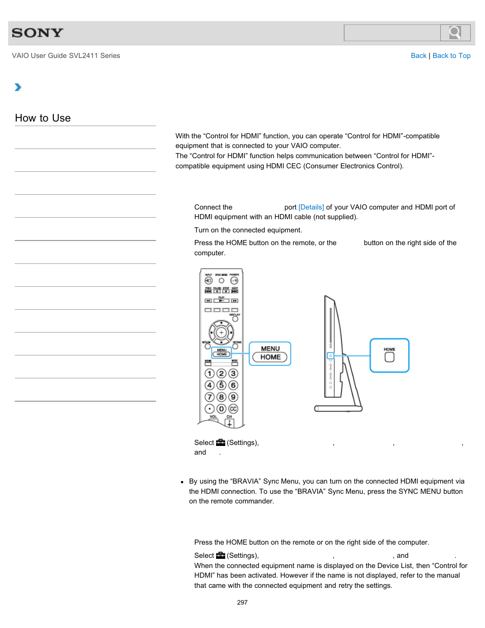 Operating “control for hdmi”-compatible equipment, How to use | Sony SVL241190X User Manual | Page 297 / 522