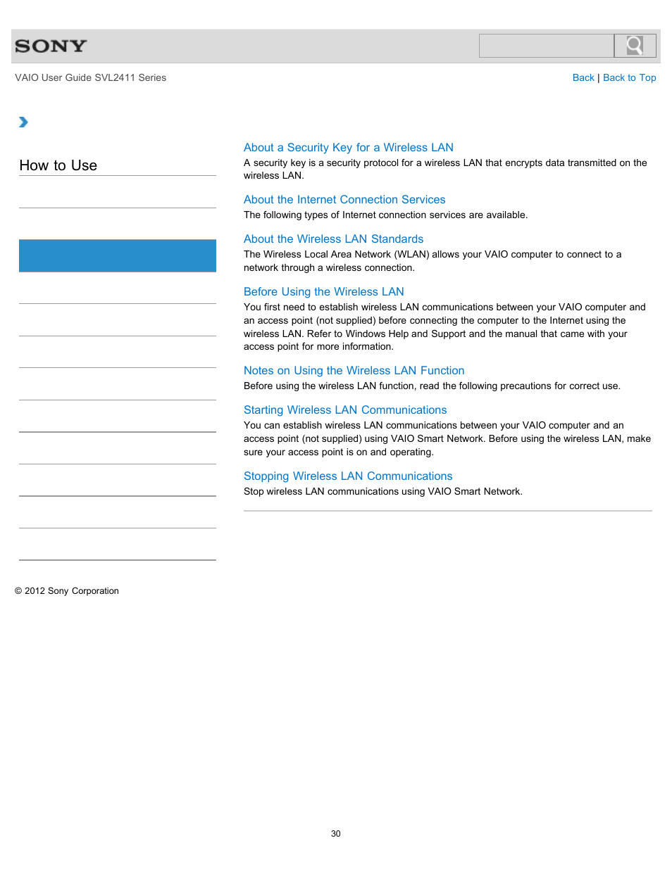 Wireless lan, How to use | Sony SVL241190X User Manual | Page 30 / 522