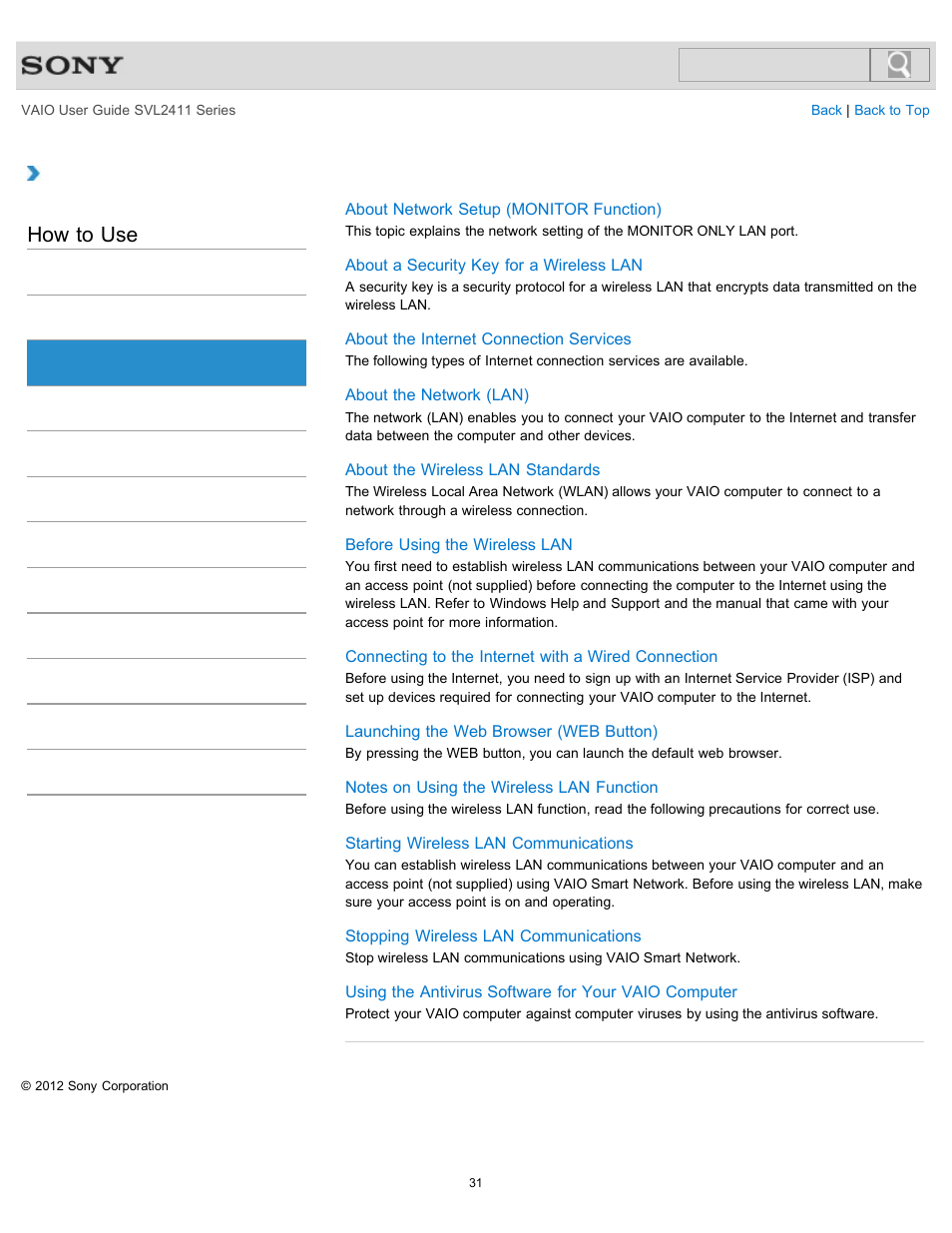 Internet, How to use | Sony SVL241190X User Manual | Page 31 / 522