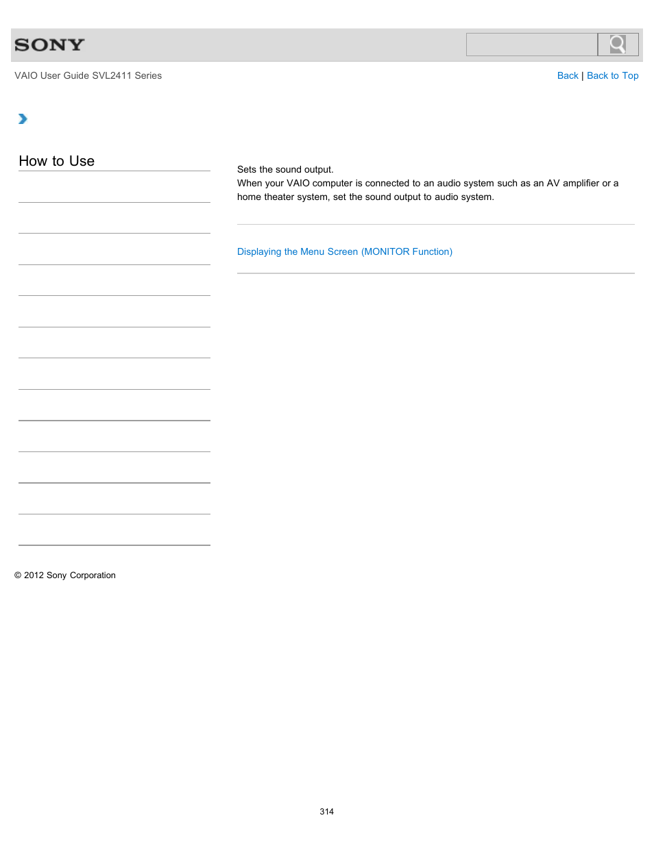 About the speakers settings (monitor function), Details, How to use | Sony SVL241190X User Manual | Page 314 / 522