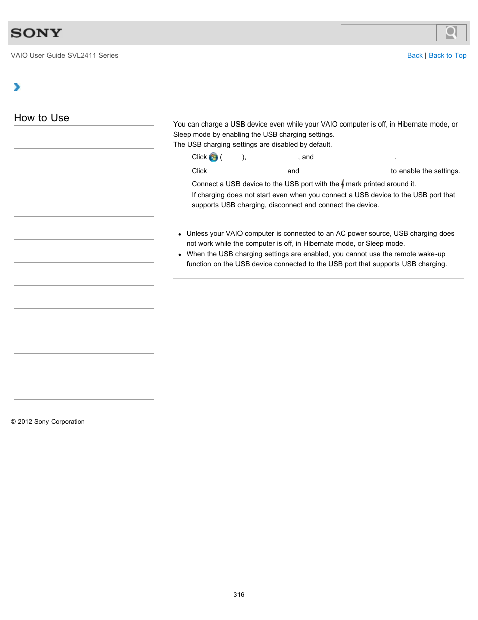 Charging a usb device, Details, How to use | Sony SVL241190X User Manual | Page 316 / 522