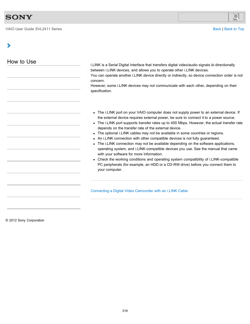 About i.link, How to use | Sony SVL241190X User Manual | Page 319 / 522