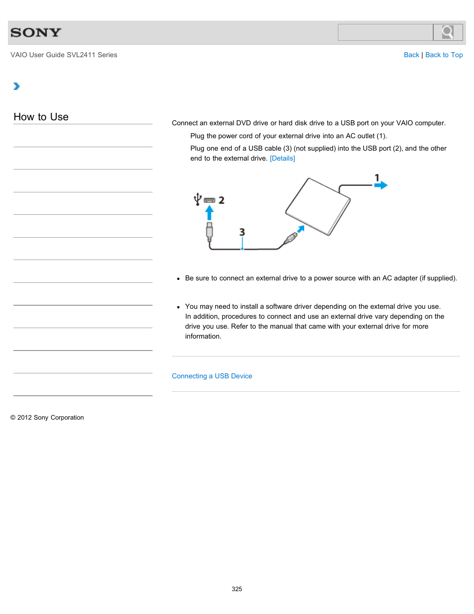 Connecting an external dvd drive, How to use | Sony SVL241190X User Manual | Page 325 / 522