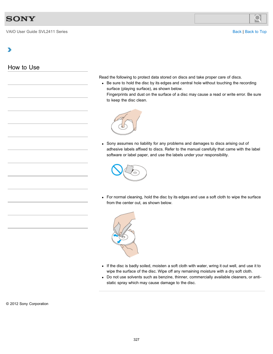 Handling discs<optical disc drive equipped models, How to use, Handling discs <optical disc drive equipped models | Sony SVL241190X User Manual | Page 327 / 522