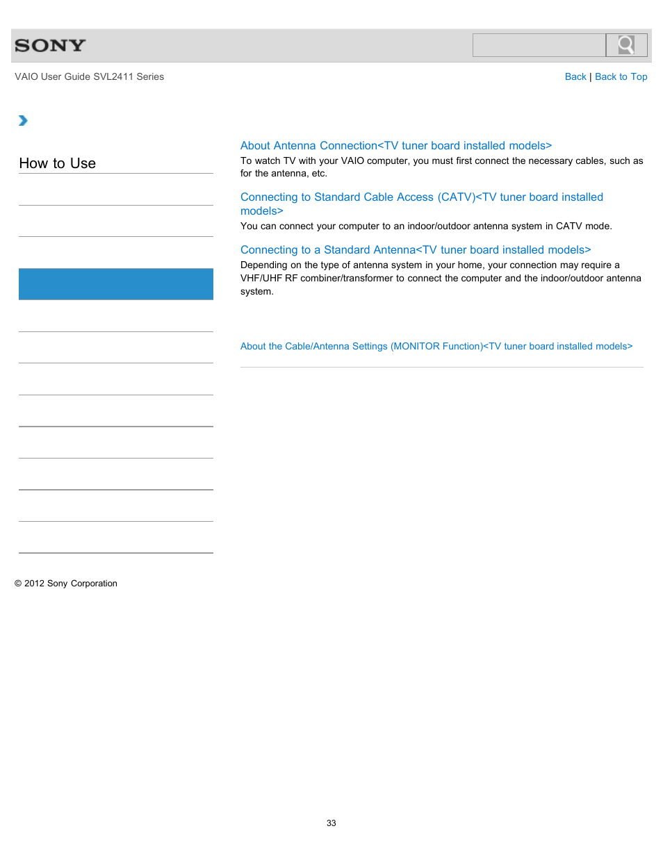 Antenna, How to use | Sony SVL241190X User Manual | Page 33 / 522