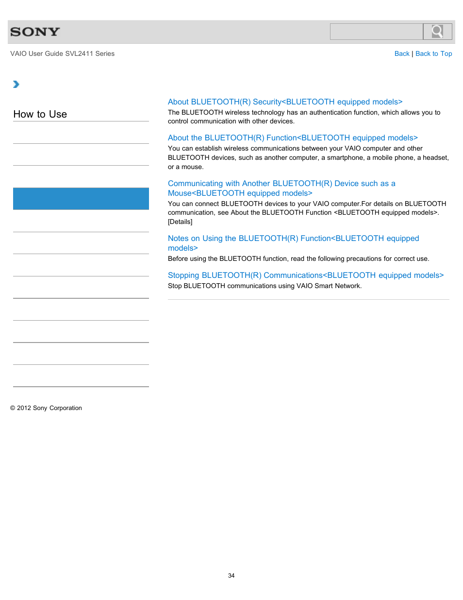 Bluetooth, How to use | Sony SVL241190X User Manual | Page 34 / 522