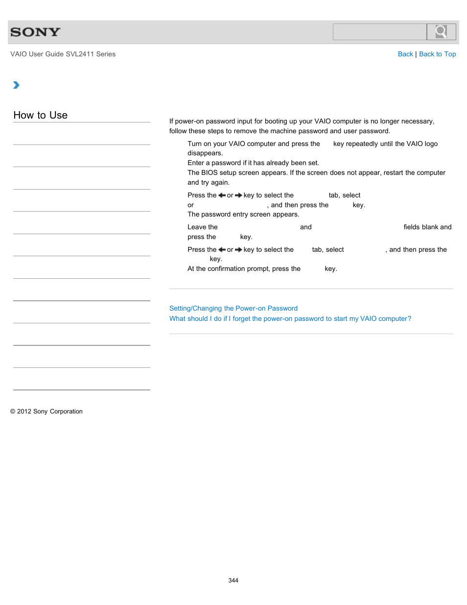 Removing the power-on password, How to use | Sony SVL241190X User Manual | Page 344 / 522