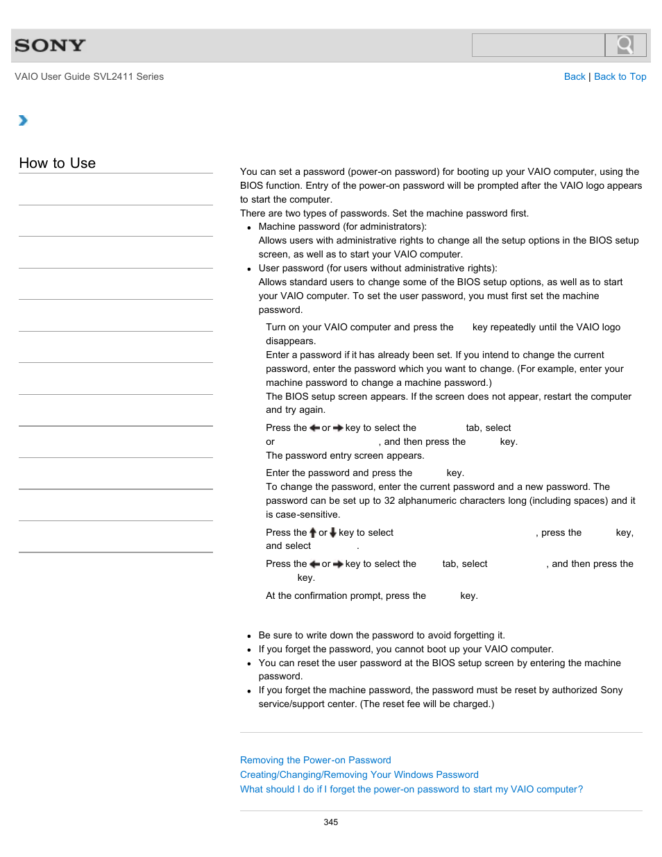 Setting/changing the power-on password, How to use | Sony SVL241190X User Manual | Page 345 / 522