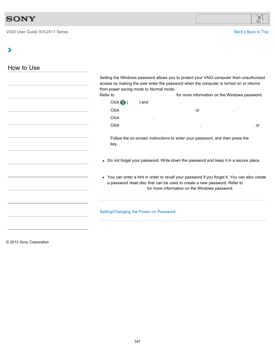 Creating/changing/removing your windows password, How to use | Sony SVL241190X User Manual | Page 347 / 522