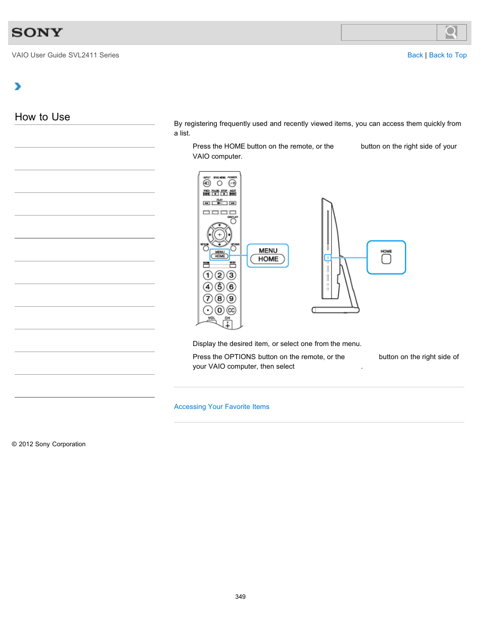 Registering your favorite items (favorites), How to use | Sony SVL241190X User Manual | Page 349 / 522