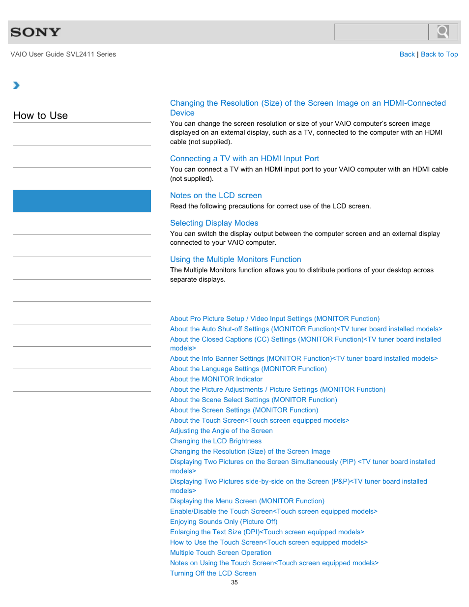 Display, How to use | Sony SVL241190X User Manual | Page 35 / 522