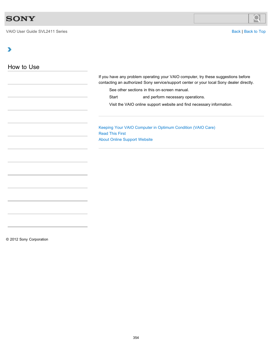 Solving common problems with your vaio computer, How to use | Sony SVL241190X User Manual | Page 354 / 522