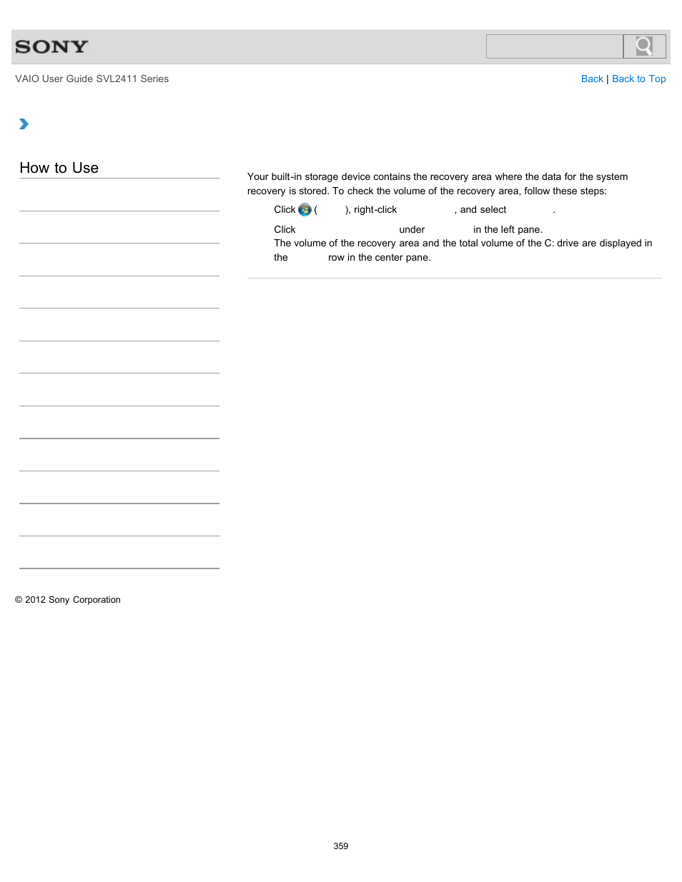 Checking the volume of the recovery area, How to use | Sony SVL241190X User Manual | Page 359 / 522