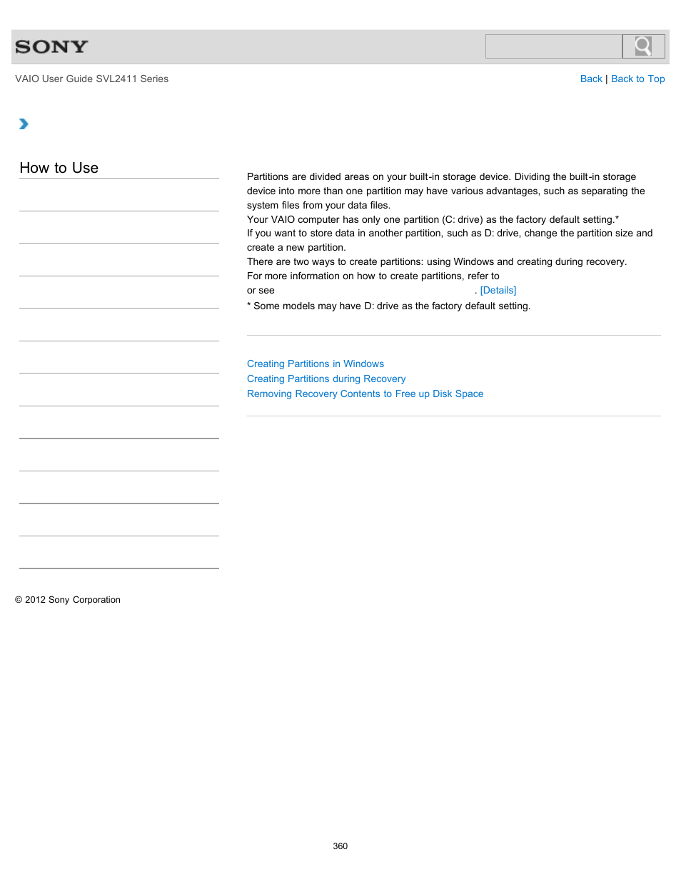 Creating other drives (modifying partitions), How to use | Sony SVL241190X User Manual | Page 360 / 522