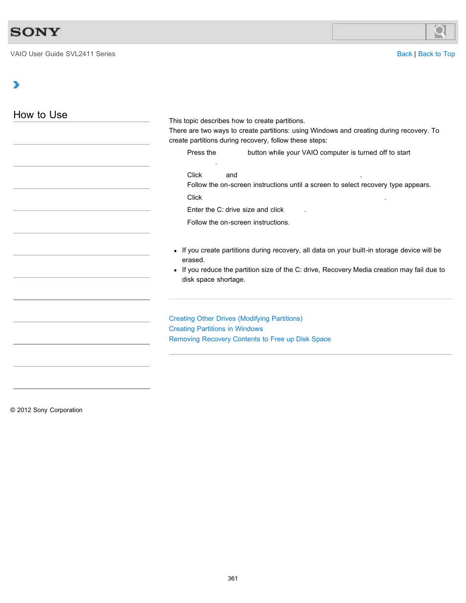 Creating partitions during recovery, Details, How to use | Sony SVL241190X User Manual | Page 361 / 522