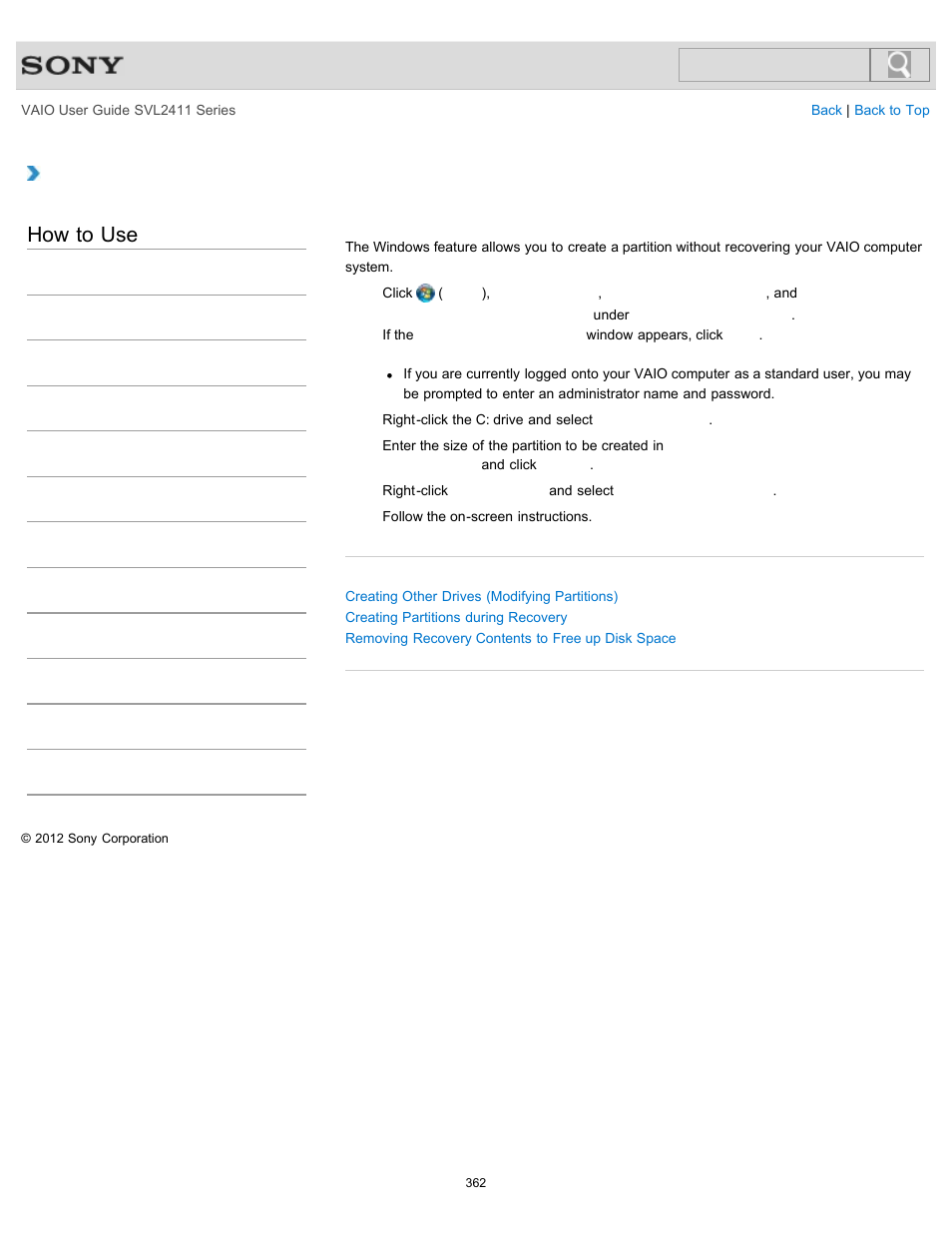 Creating partitions in windows, How to use | Sony SVL241190X User Manual | Page 362 / 522