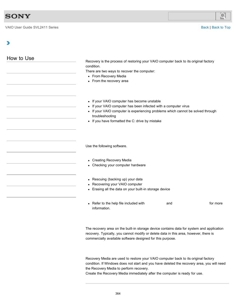 About recovery, How to use | Sony SVL241190X User Manual | Page 364 / 522