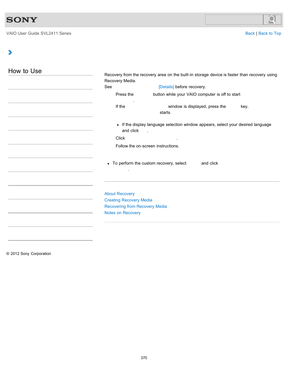 Recovering from the recovery area, Details, How to use | Sony SVL241190X User Manual | Page 370 / 522