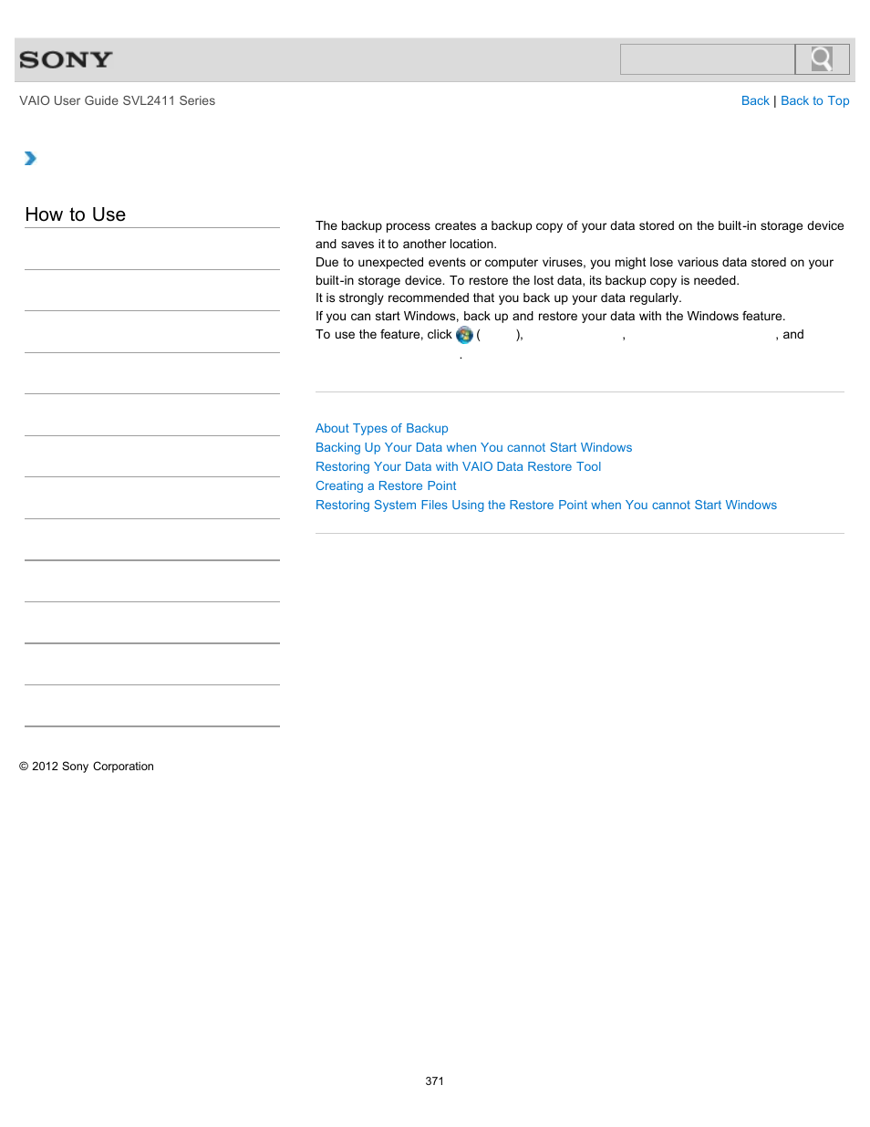 About backup, How to use | Sony SVL241190X User Manual | Page 371 / 522
