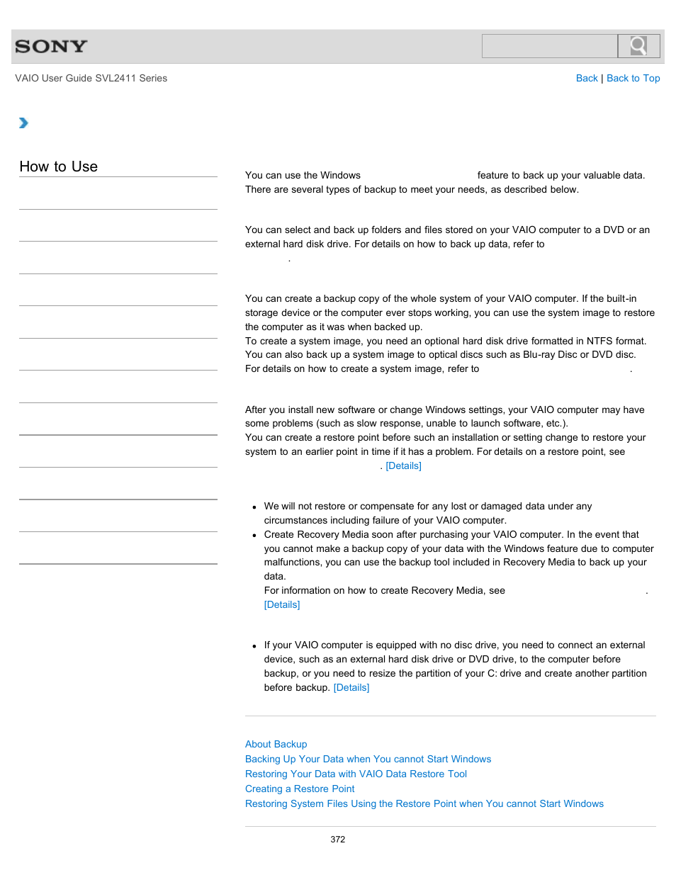 About types of backup, How to use | Sony SVL241190X User Manual | Page 372 / 522