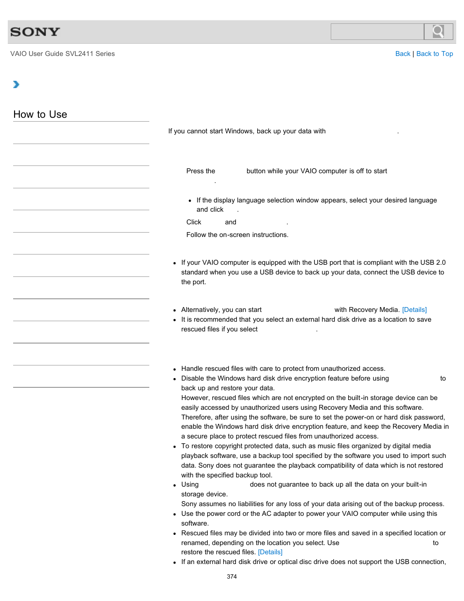 Backing up your data when you cannot start windows, How to use | Sony SVL241190X User Manual | Page 374 / 522