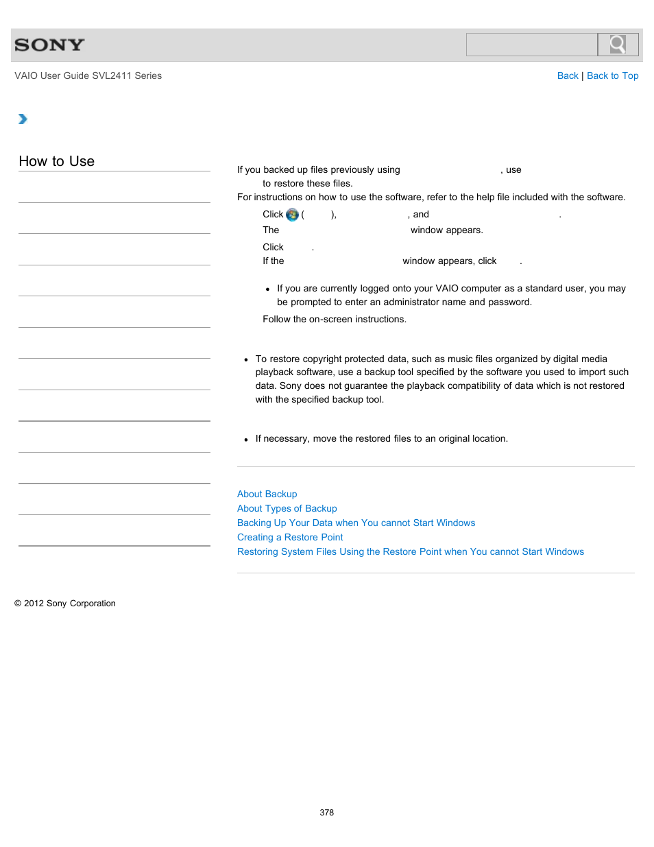 Restoring your data with vaio data restore tool, Details, How to use | Sony SVL241190X User Manual | Page 378 / 522