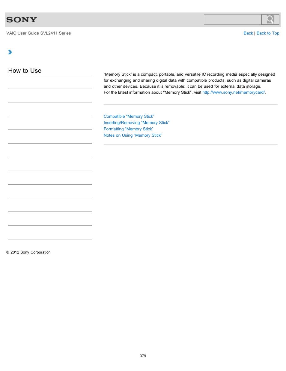 About “memory stick, How to use | Sony SVL241190X User Manual | Page 379 / 522