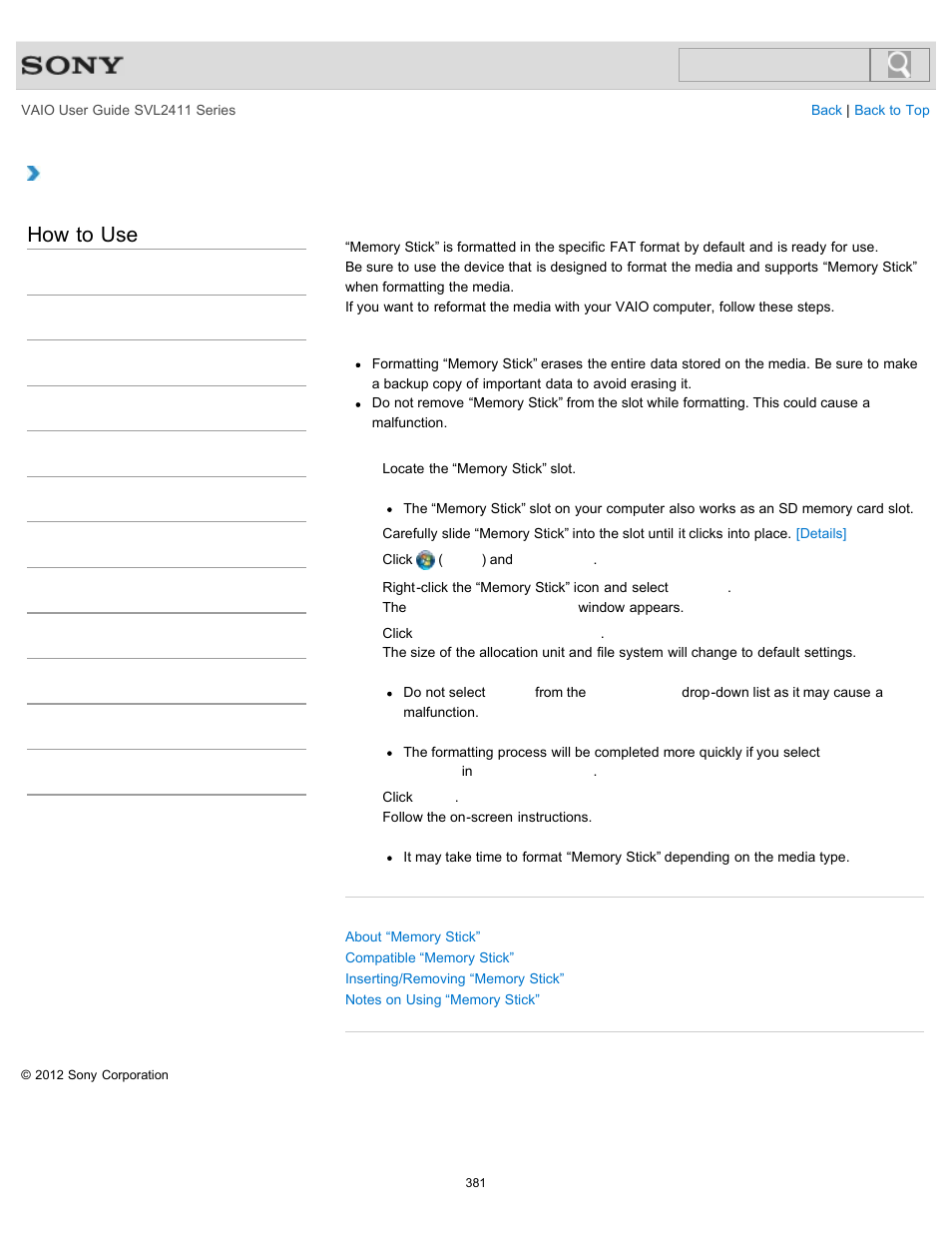 Formatting “memory stick, How to use | Sony SVL241190X User Manual | Page 381 / 522