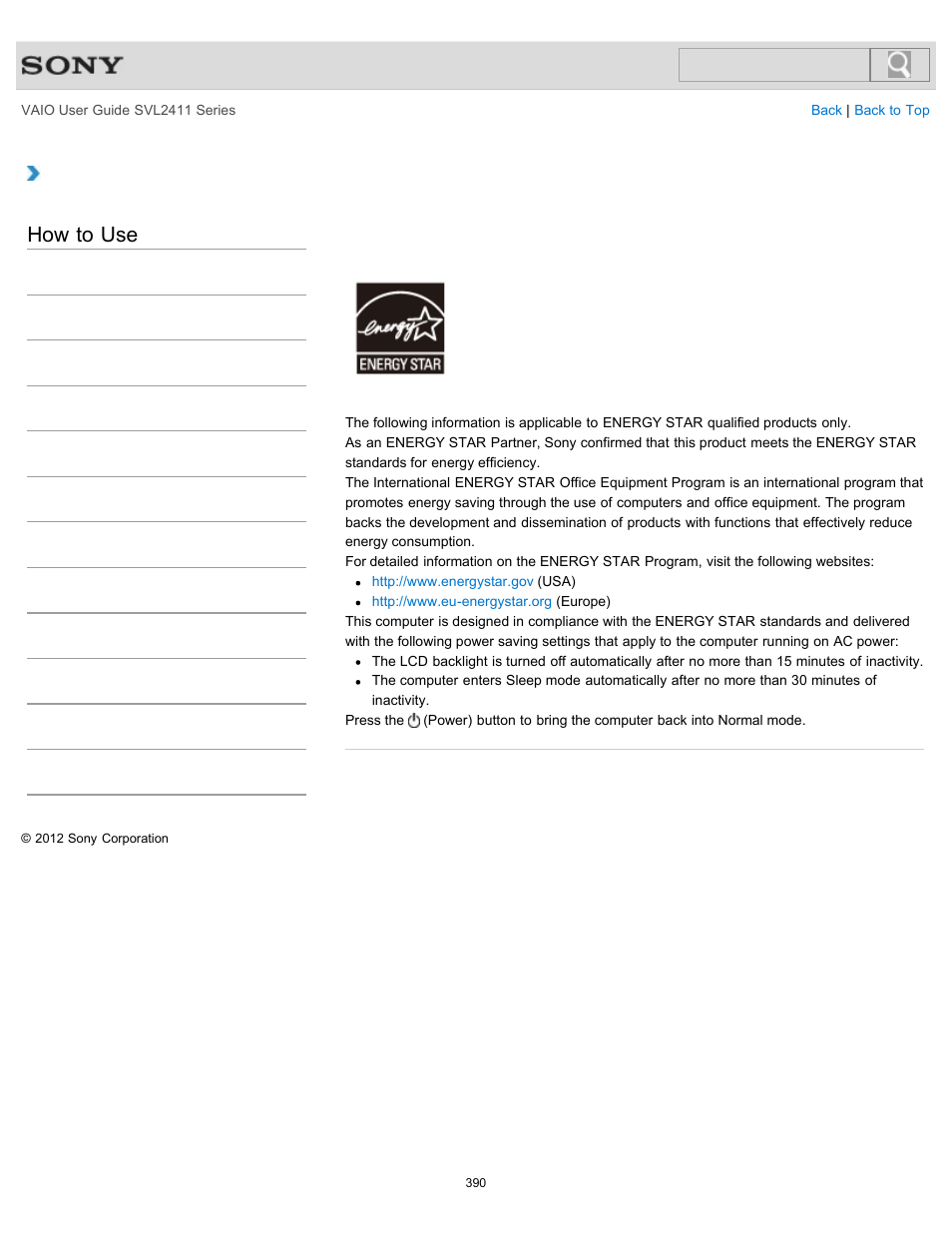 About the international energy star(r) program, How to use | Sony SVL241190X User Manual | Page 390 / 522