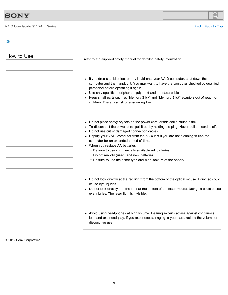 Safety information, How to use | Sony SVL241190X User Manual | Page 393 / 522