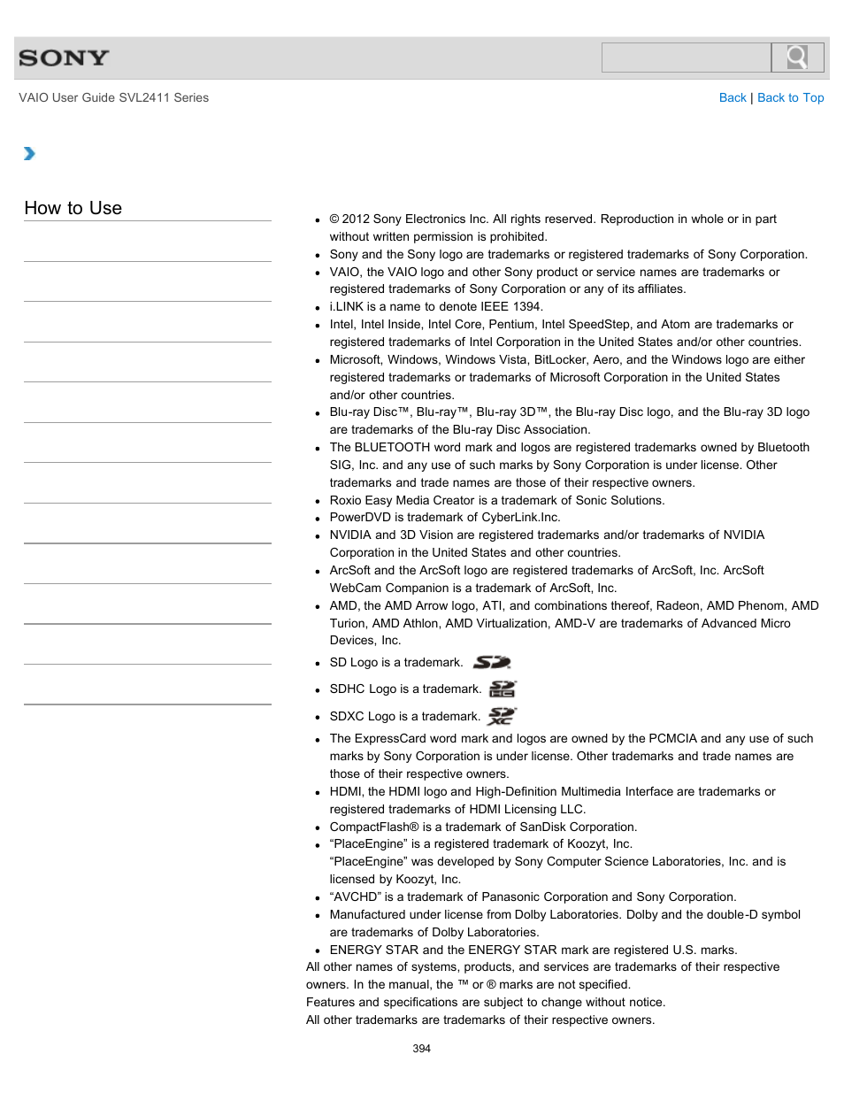 Trademarks, How to use | Sony SVL241190X User Manual | Page 394 / 522