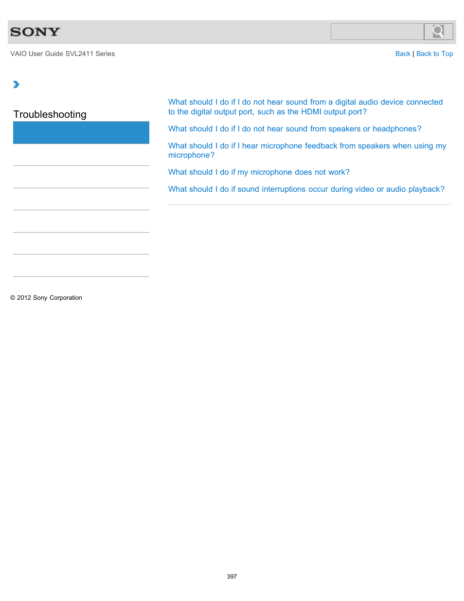 Audio, Troubleshooting | Sony SVL241190X User Manual | Page 397 / 522