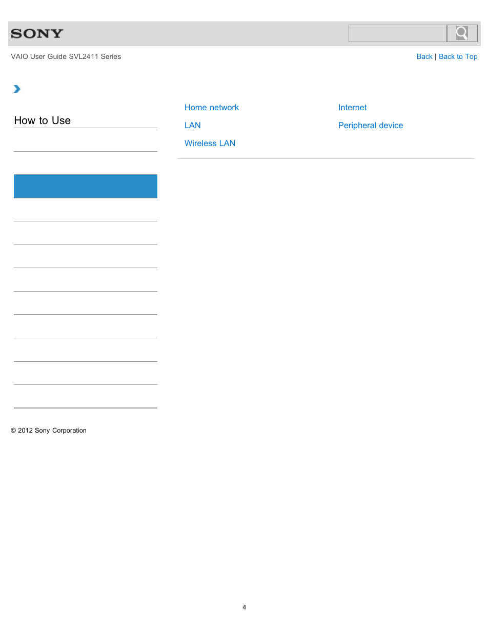 Network / internet, How to use | Sony SVL241190X User Manual | Page 4 / 522
