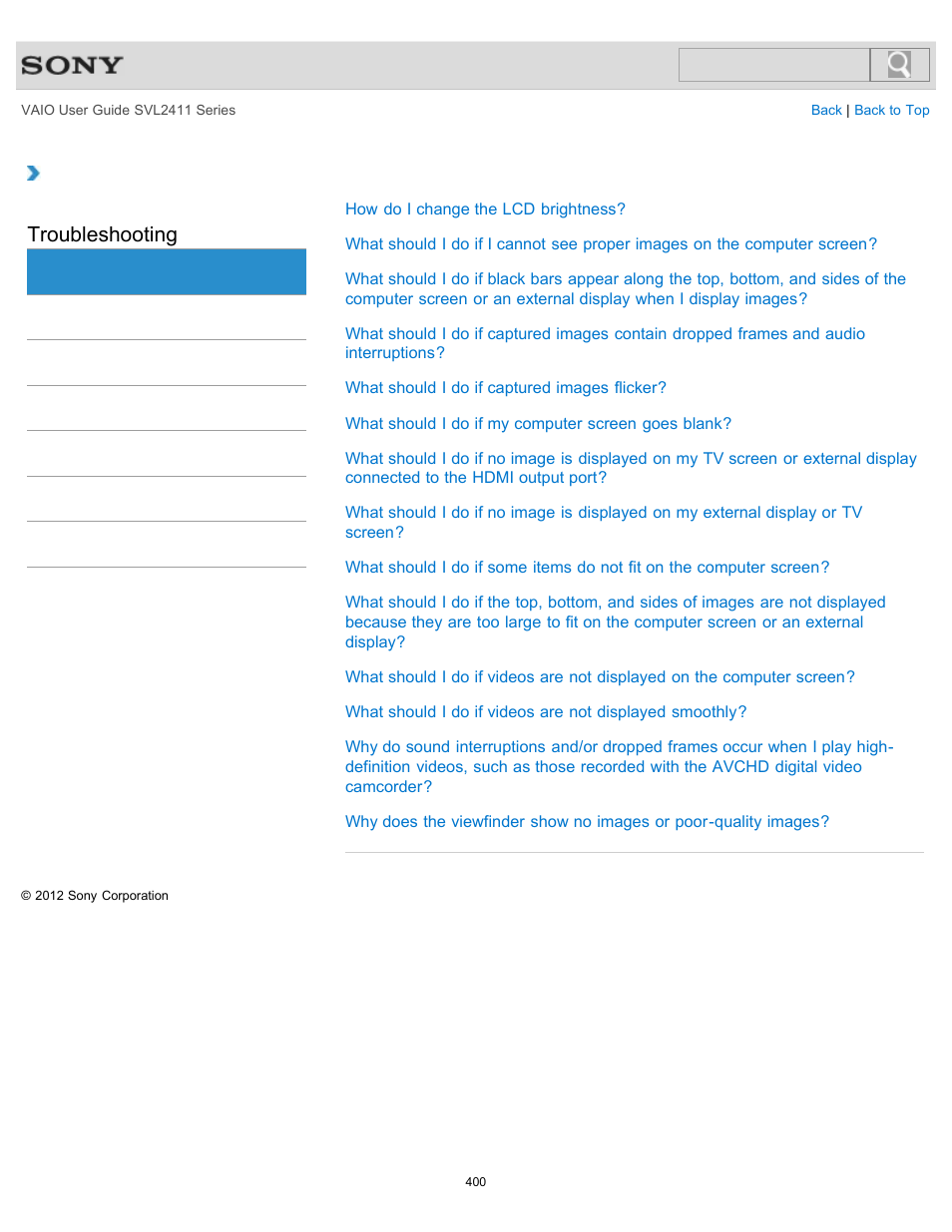 Display, Troubleshooting | Sony SVL241190X User Manual | Page 400 / 522