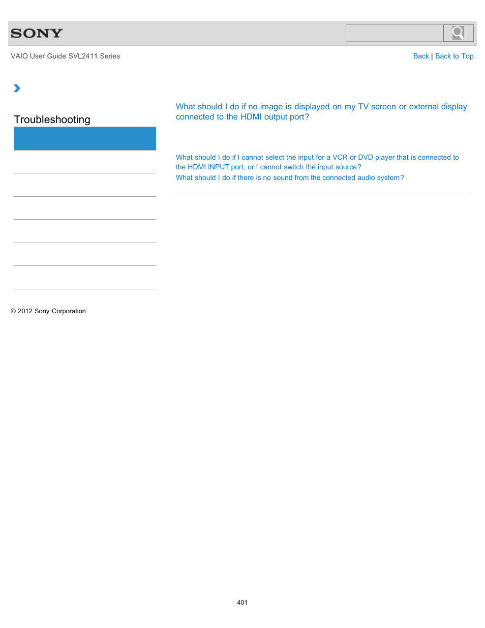 Hdmi, Troubleshooting | Sony SVL241190X User Manual | Page 401 / 522