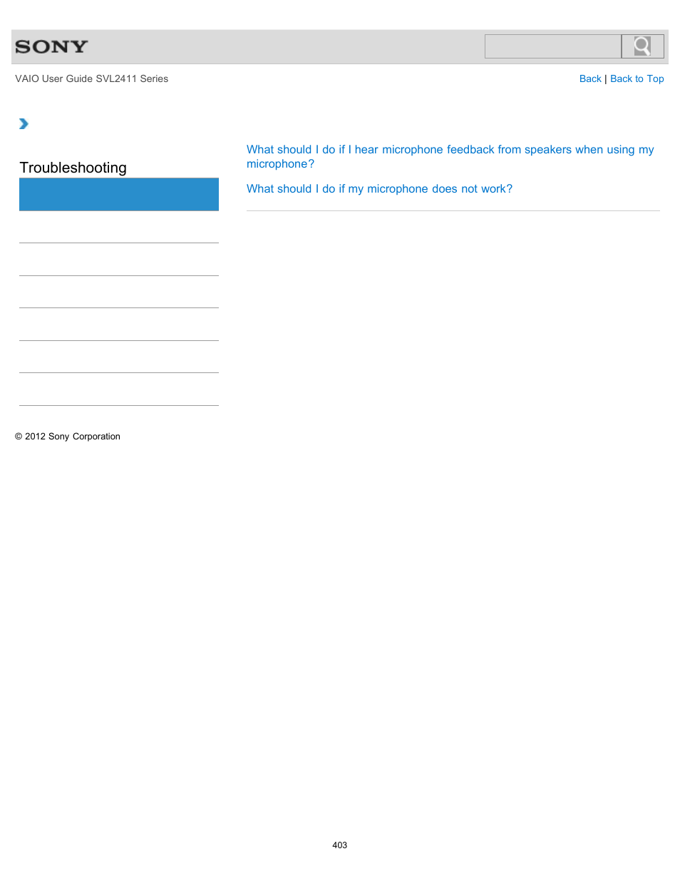 Microphone, Troubleshooting | Sony SVL241190X User Manual | Page 403 / 522