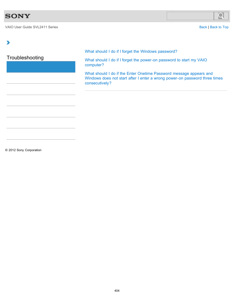 Password, Troubleshooting | Sony SVL241190X User Manual | Page 404 / 522