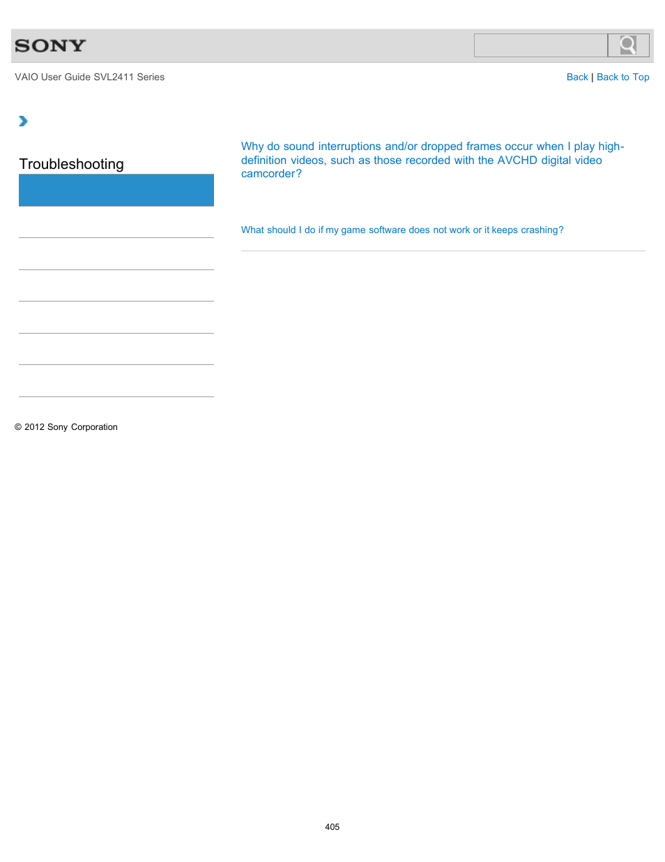 Software, Troubleshooting | Sony SVL241190X User Manual | Page 405 / 522