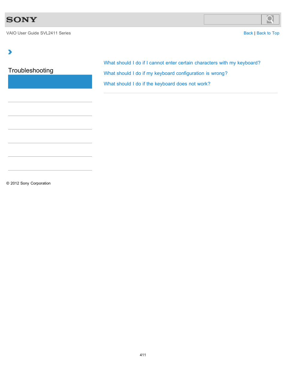 Keyboard, Troubleshooting | Sony SVL241190X User Manual | Page 411 / 522