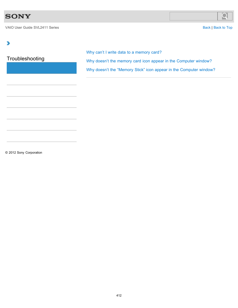 Memory card, Troubleshooting | Sony SVL241190X User Manual | Page 412 / 522