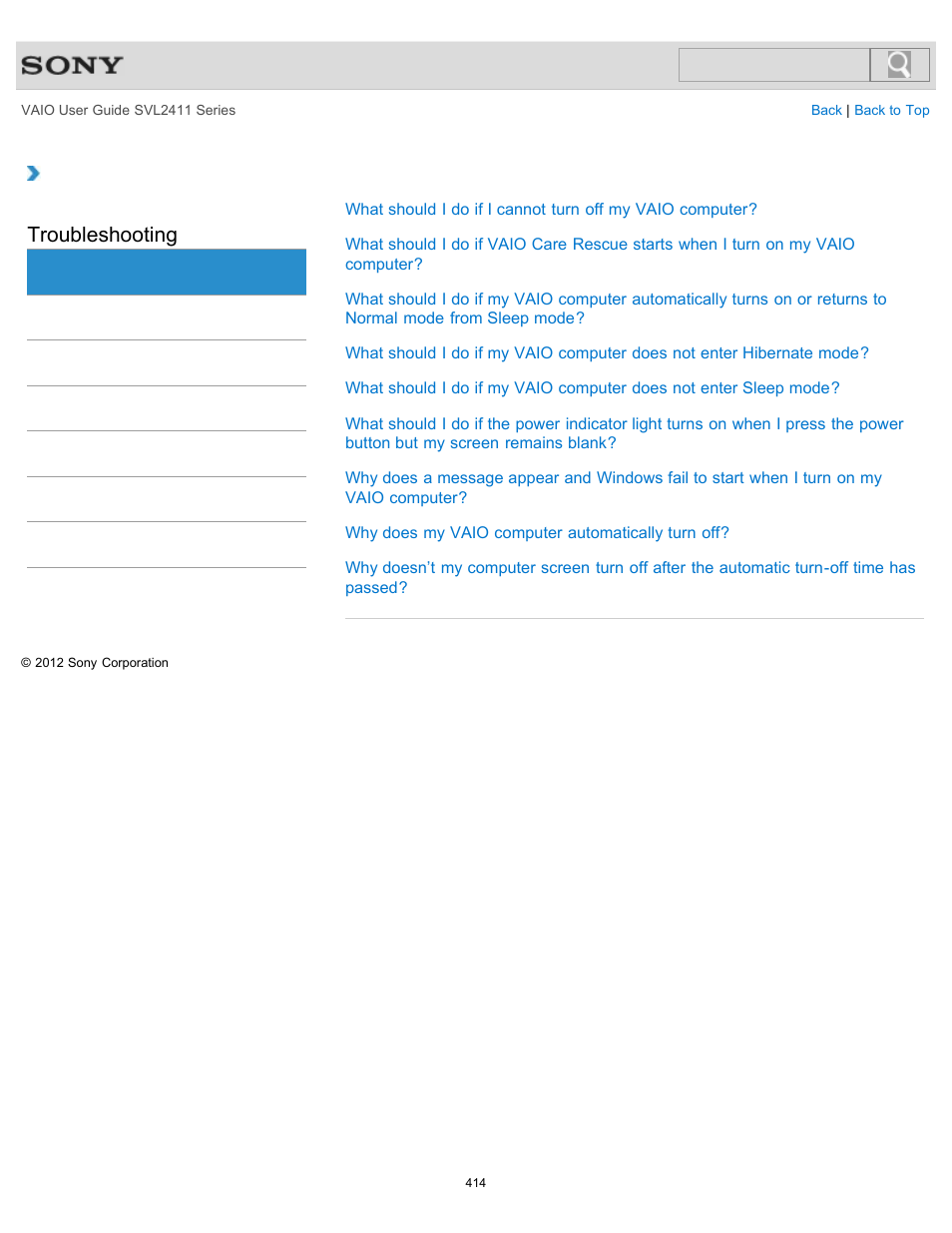 Power, Troubleshooting | Sony SVL241190X User Manual | Page 414 / 522