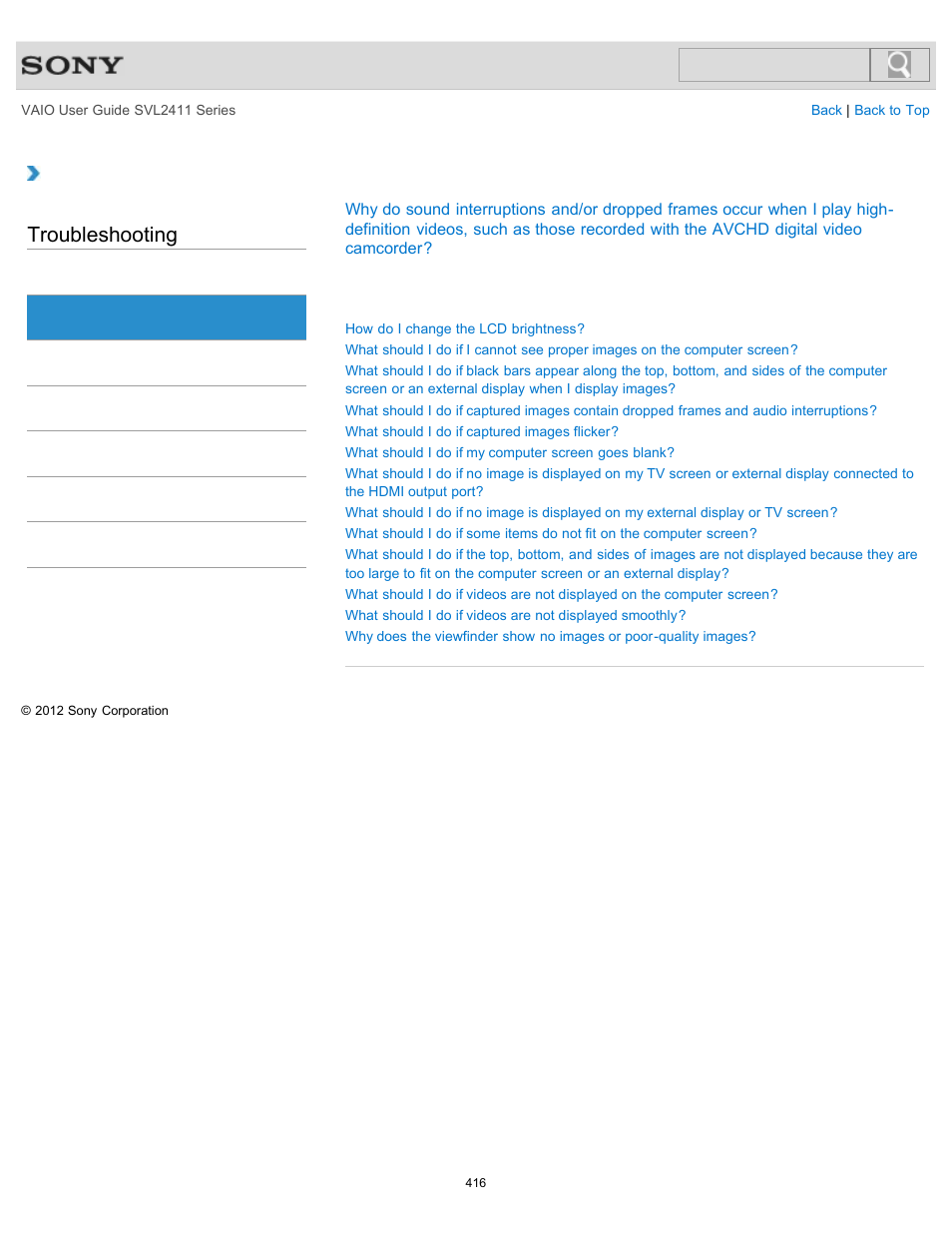 Display, Troubleshooting | Sony SVL241190X User Manual | Page 416 / 522