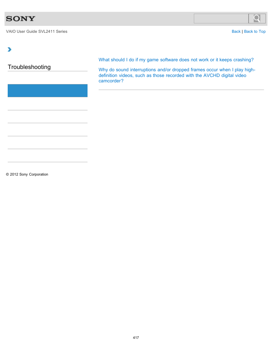 Software, Troubleshooting | Sony SVL241190X User Manual | Page 417 / 522