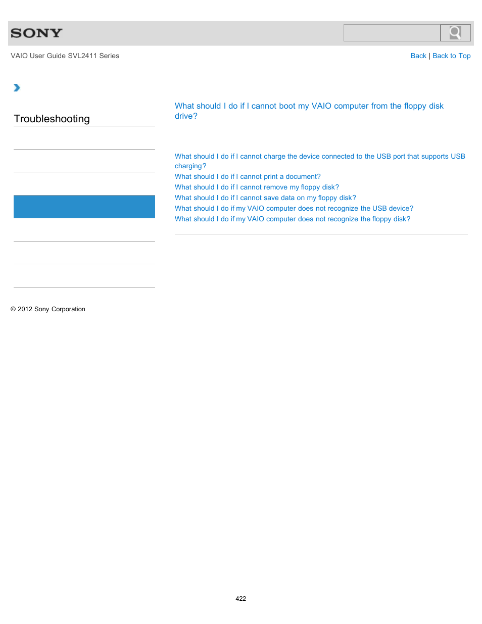 Troubleshooting | Sony SVL241190X User Manual | Page 422 / 522