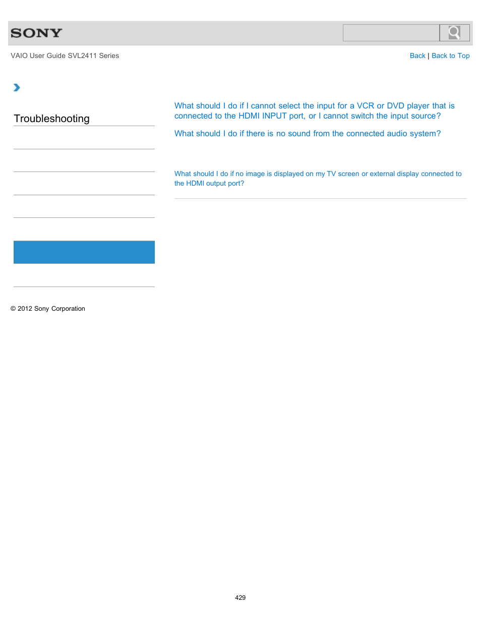 Hdmi, Troubleshooting | Sony SVL241190X User Manual | Page 429 / 522