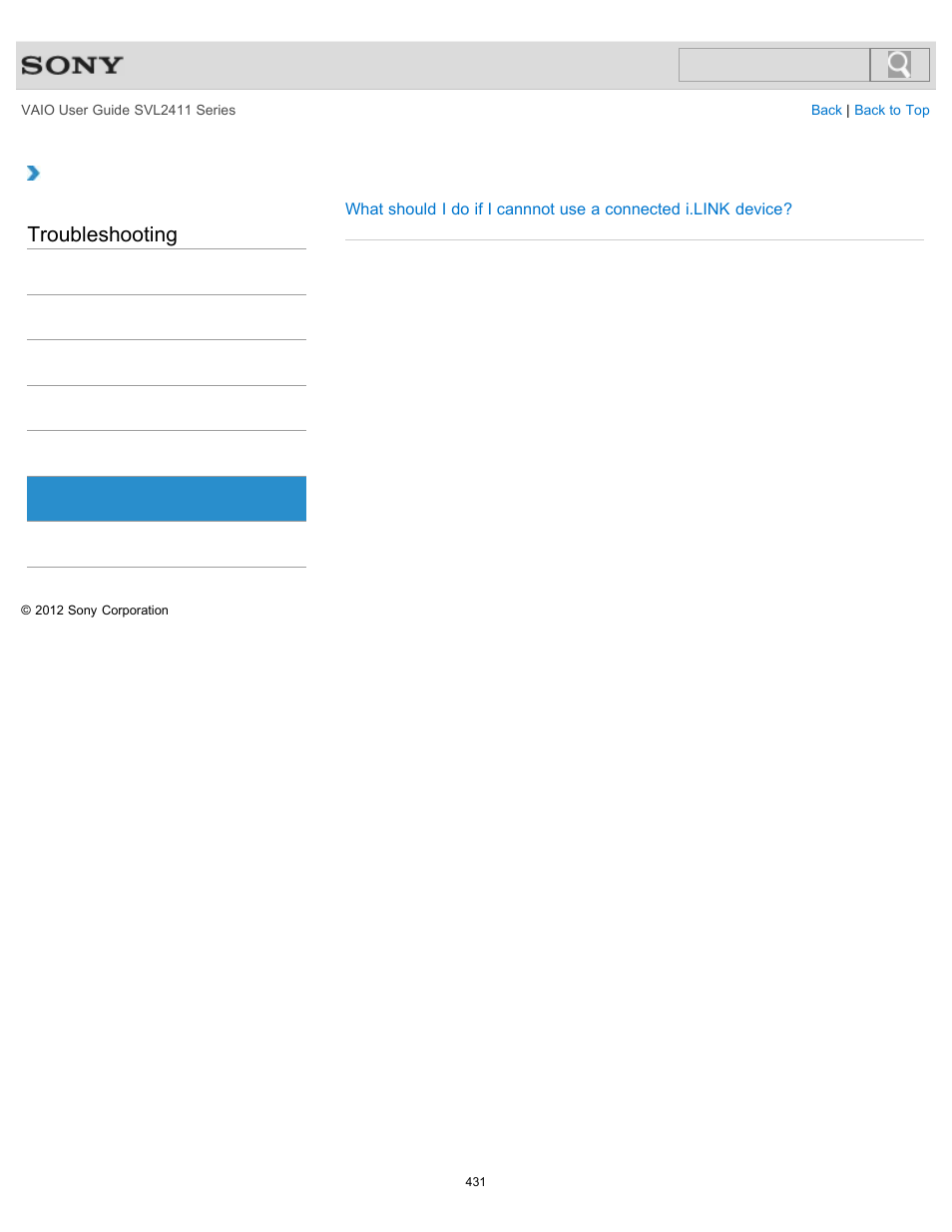 I.link, Troubleshooting | Sony SVL241190X User Manual | Page 431 / 522